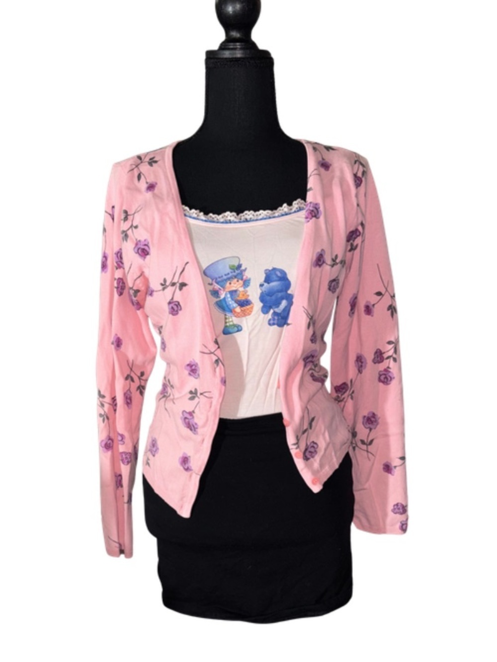 Vintage Pink Floral Cardigan Lightweight Rose Print Button Front Y2K Soft